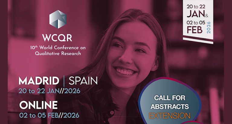 Promotional banner for the 10th World Conference on Qualitative Research (WCQR). A smiling young woman is in the background with a pink overlay. Text highlights: “Madrid, Spain, 20–22 January 2026” and “Online, 02–05 February 2026.” Call for Abstracts extension announced with the new submission deadline of 20 October 2025. Submission types include project and paper abstracts. Presentation modes are in-person in Madrid and online (synchronous or video). Publications include the Conference Abstracts Book and affiliated journals. Organized by Universidad Complutense de Madrid and Ludomedia. Website: wcqr.ludomedia.org/submit-abstract.